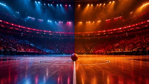 Basketball arena at center court lit in two color schemes, representing the WNBA's 2026 expansion teams