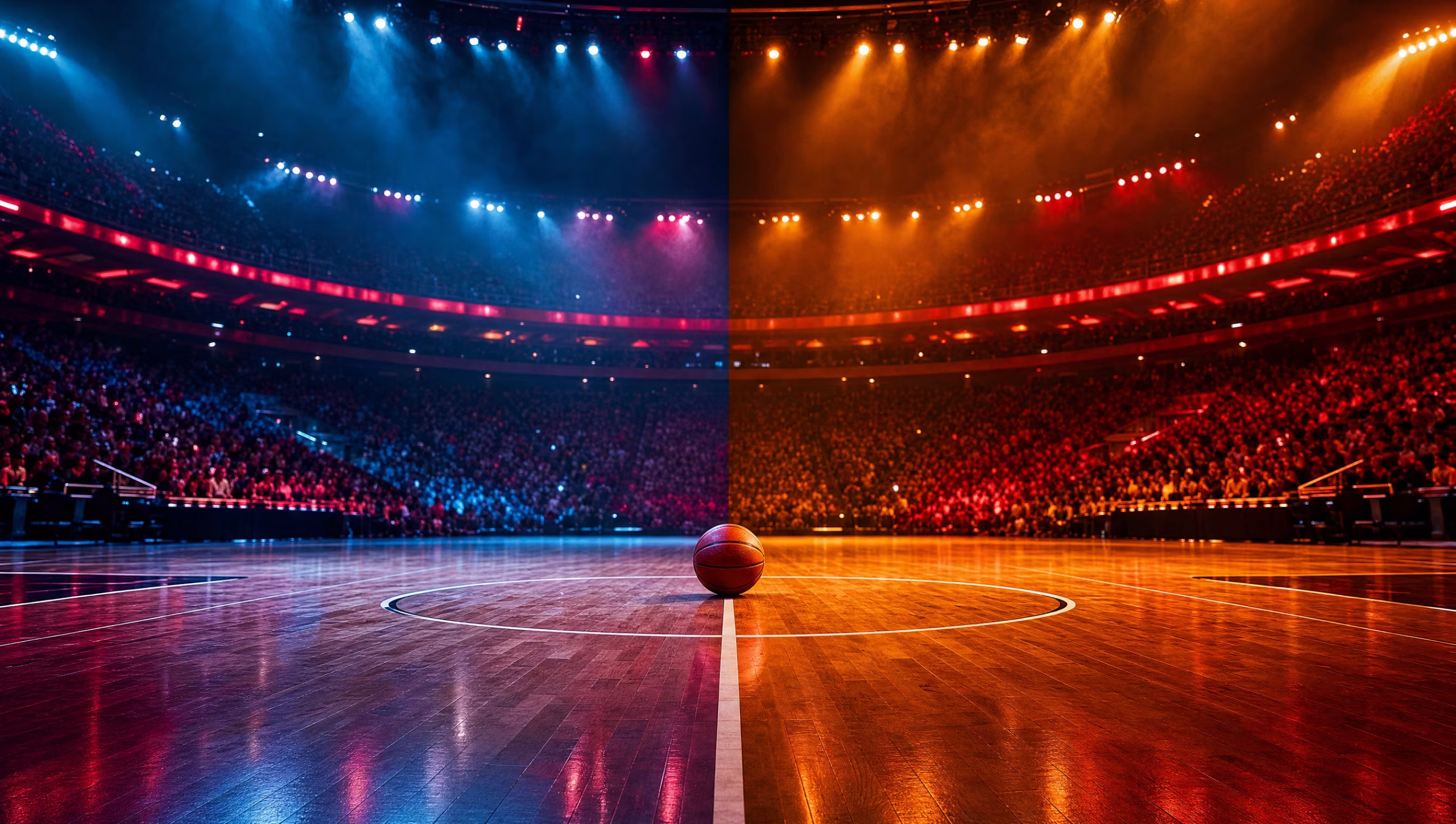 Basketball arena at center court lit in two color schemes, representing the WNBA's 2026 expansion teams