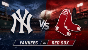 New York Yankees vs Boston Red Sox MLB matchup graphic with team logos at Fenway Park, June 25 2026