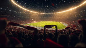 Red-and-white soccer fans waving scarves at a packed stadium during Canada's World Cup run