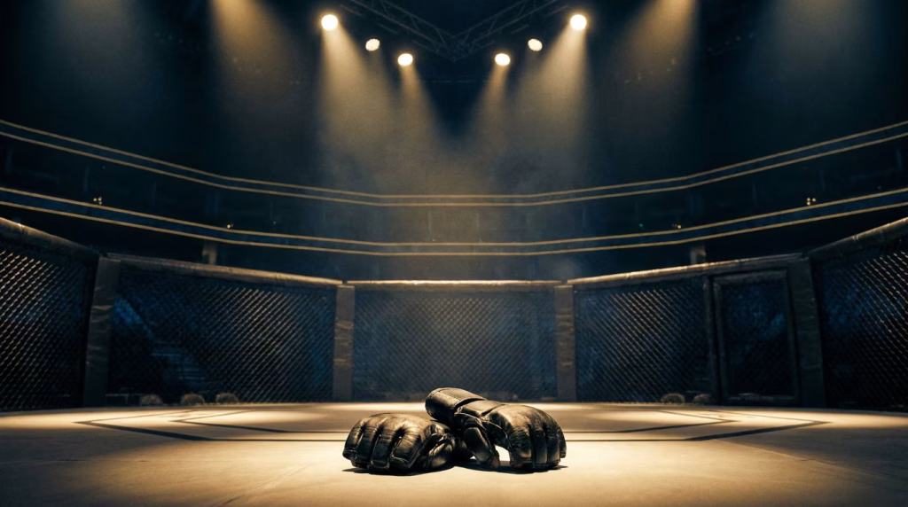 MMA gloves resting on the canvas of an empty octagon under arena spotlights