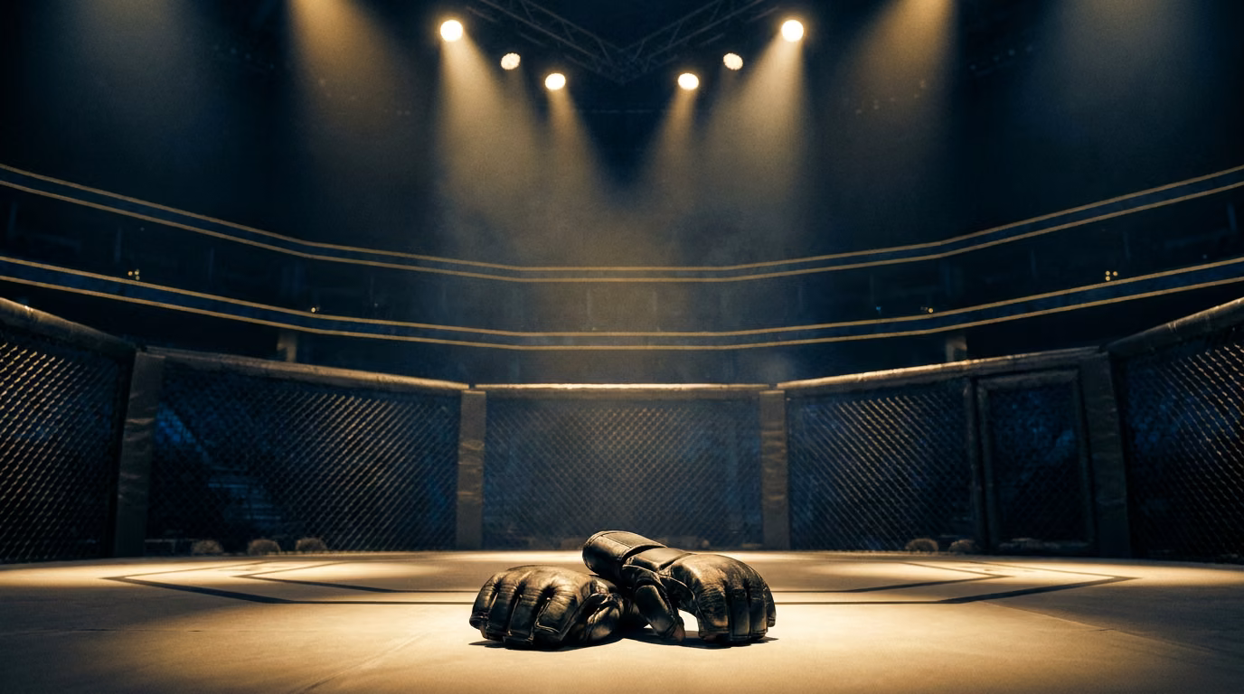 MMA gloves resting on the canvas of an empty octagon under arena spotlights