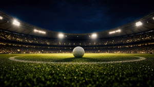 A soccer ball at the center circle of a floodlit stadium at night during the World Cup knockout stage