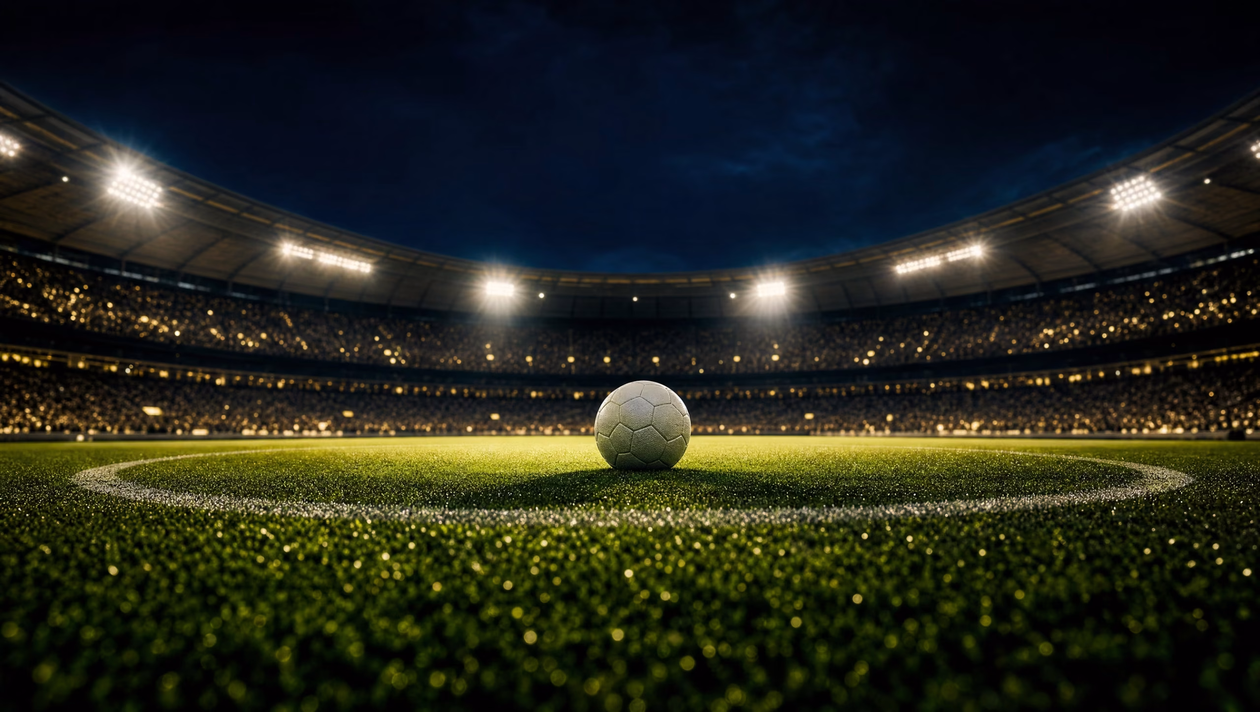 A soccer ball at the center circle of a floodlit stadium at night during the World Cup knockout stage