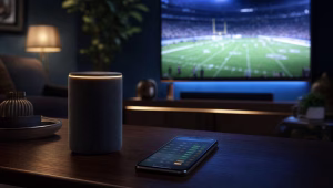 Voice assistant smart speaker on a living room table next to a phone showing sports betting odds