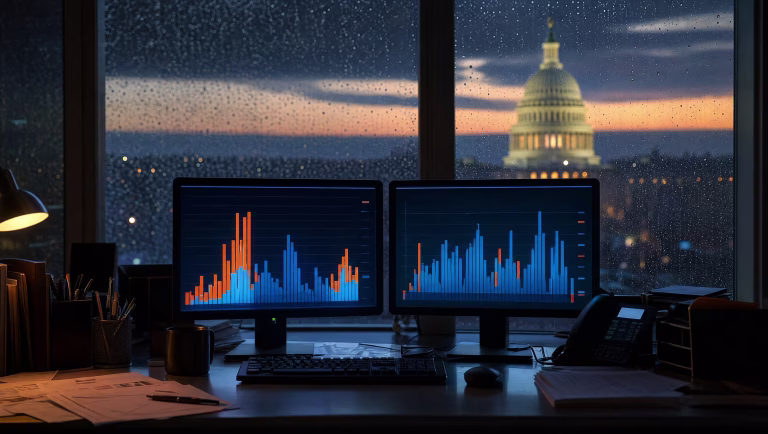 Newsroom monitors showing election probability charts with the US Capitol dome behind