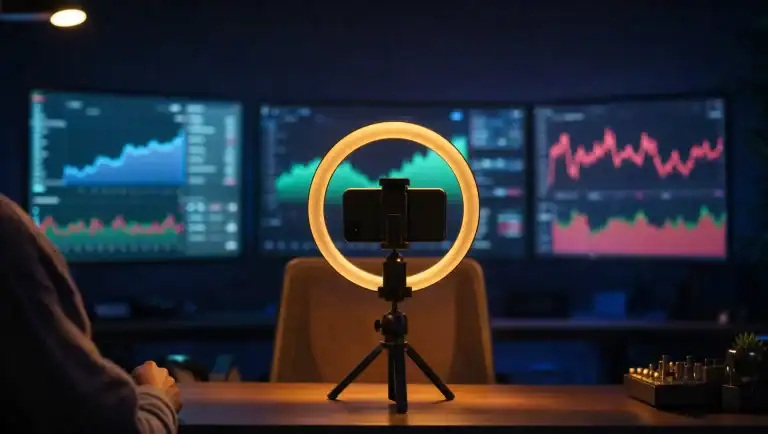 Betting influencer setup: ring light and phone on a tripod facing an empty chair, sports data on monitors behind