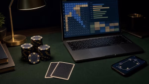 Poker chips and cards on green felt beside a laptop showing a poker strategy solver grid