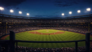 MLB stadium under floodlights at dusk during a late-season night game