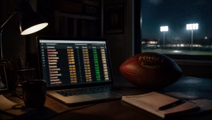 A college football on a desk beside a laptop showing blurred betting odds at night