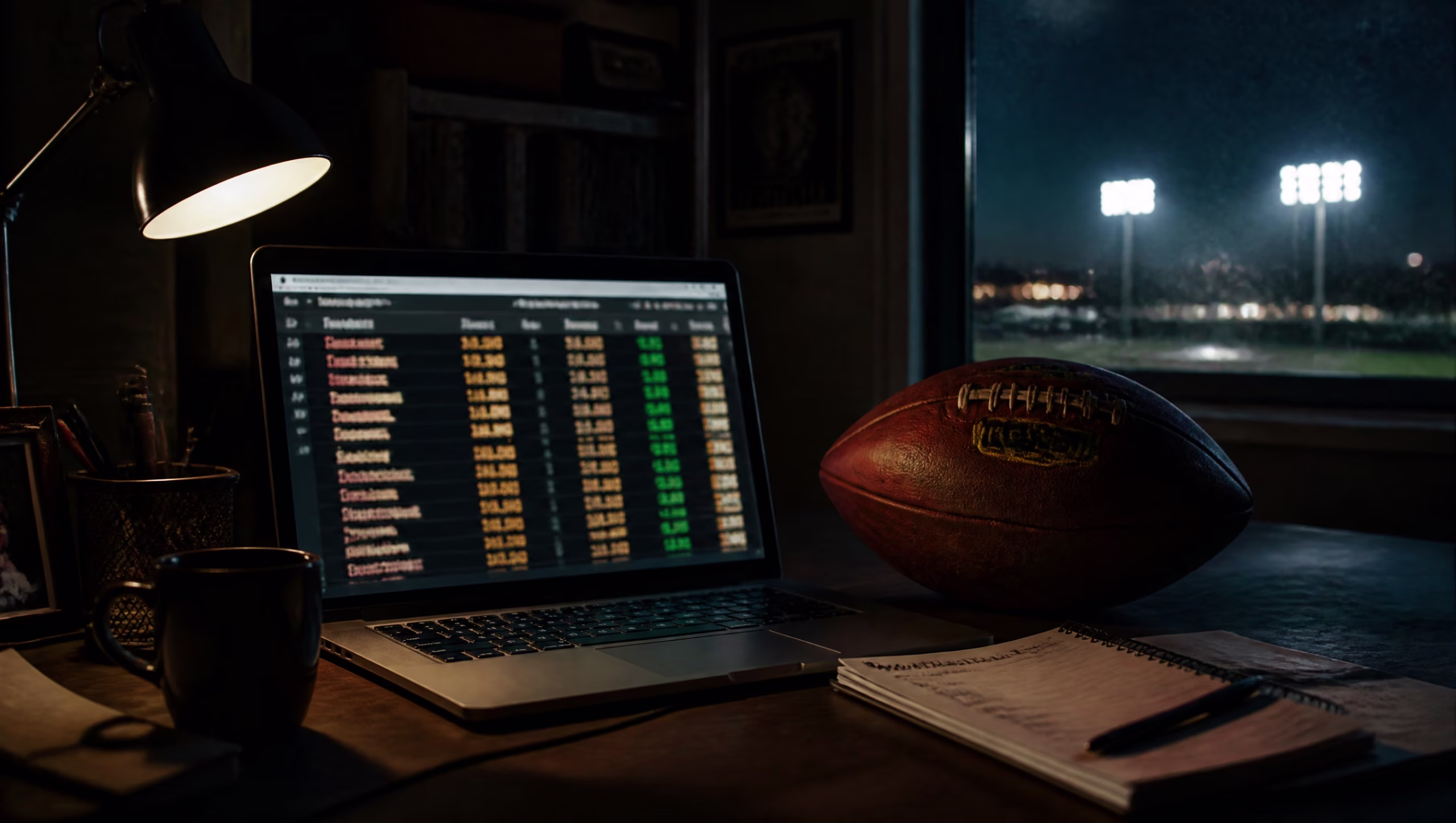 A college football on a desk beside a laptop showing blurred betting odds at night