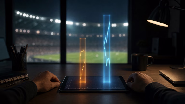 Glowing floor and ceiling range bars above a tablet on a dark desk with a stadium beyond