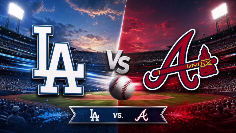 Dodgers vs. Braves team logos on a split blue and red matchup graphic above a lit ballpark