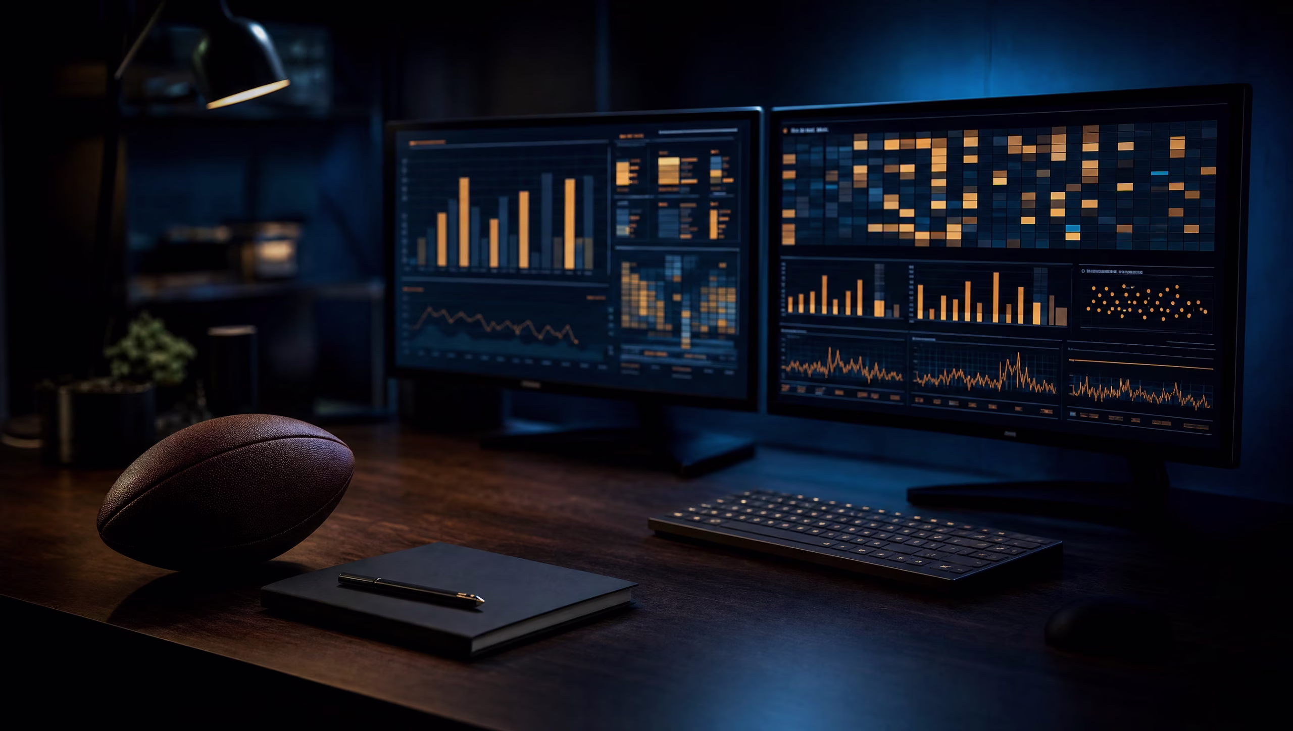 Two monitors showing amber bar charts and data grids on a dark desk beside a football and a notebook