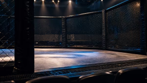 Empty MMA cage and canvas under dramatic overhead arena lighting, viewed from a ringside seat