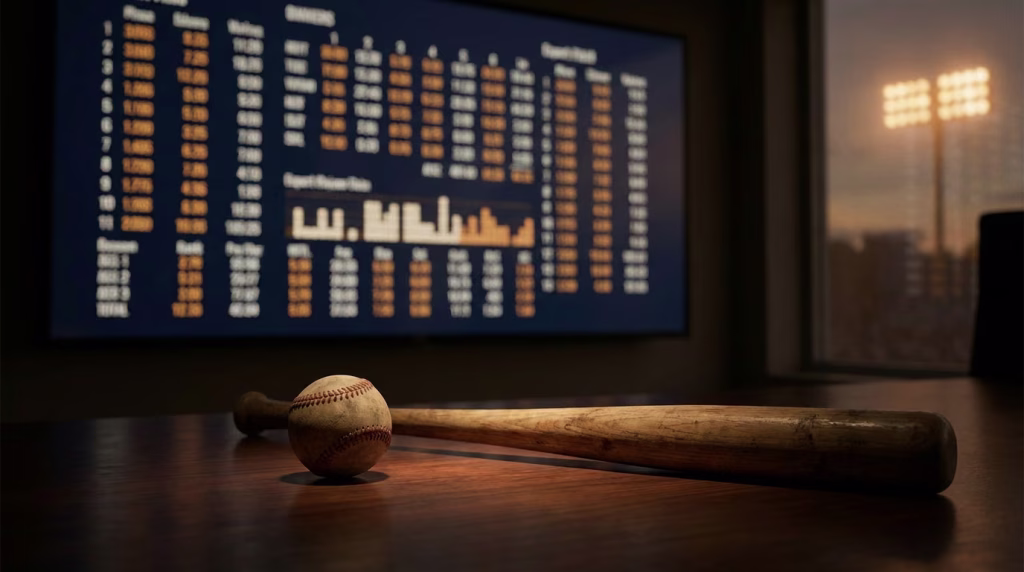 Baseball and bat on a desk in front of a glowing betting odds board at dusk
