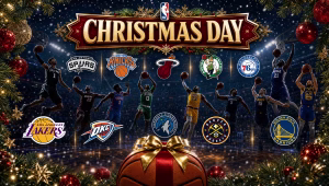 NBA Christmas Day 2026 graphic with all ten team logos and a ribbon-wrapped basketball