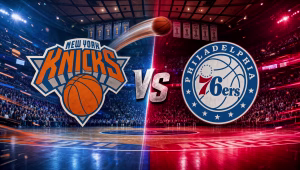 New York Knicks and Philadelphia 76ers logos face off in an NBA arena ahead of the 2026-27 season opener