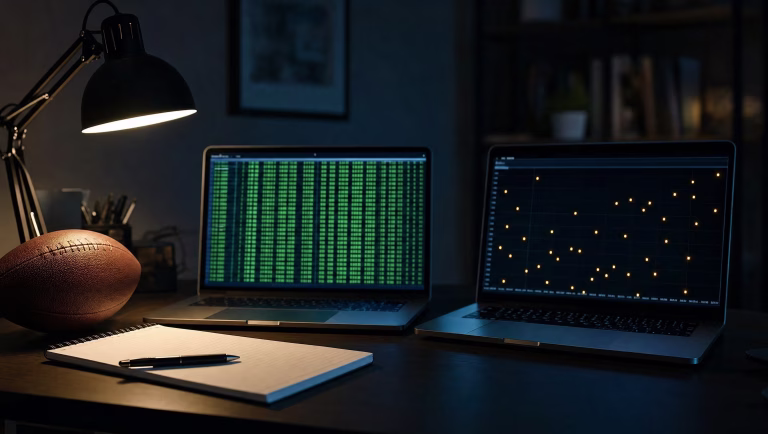 Two laptop screens on a dark desk beside a football, one showing dense green data rows and the other scattered amber points