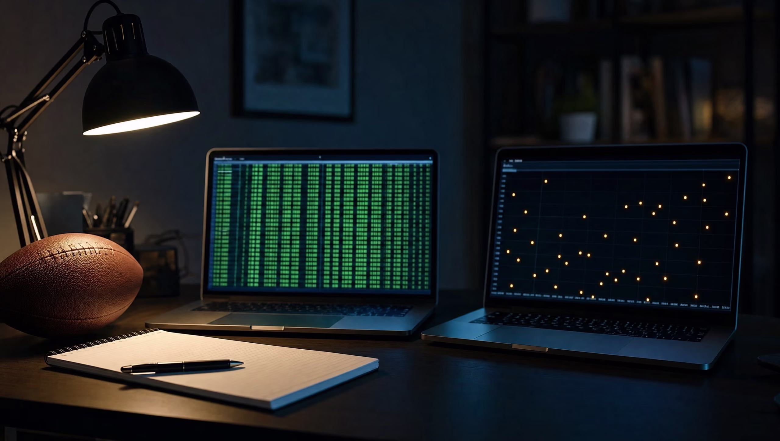 Two laptop screens on a dark desk beside a football, one showing dense green data rows and the other scattered amber points