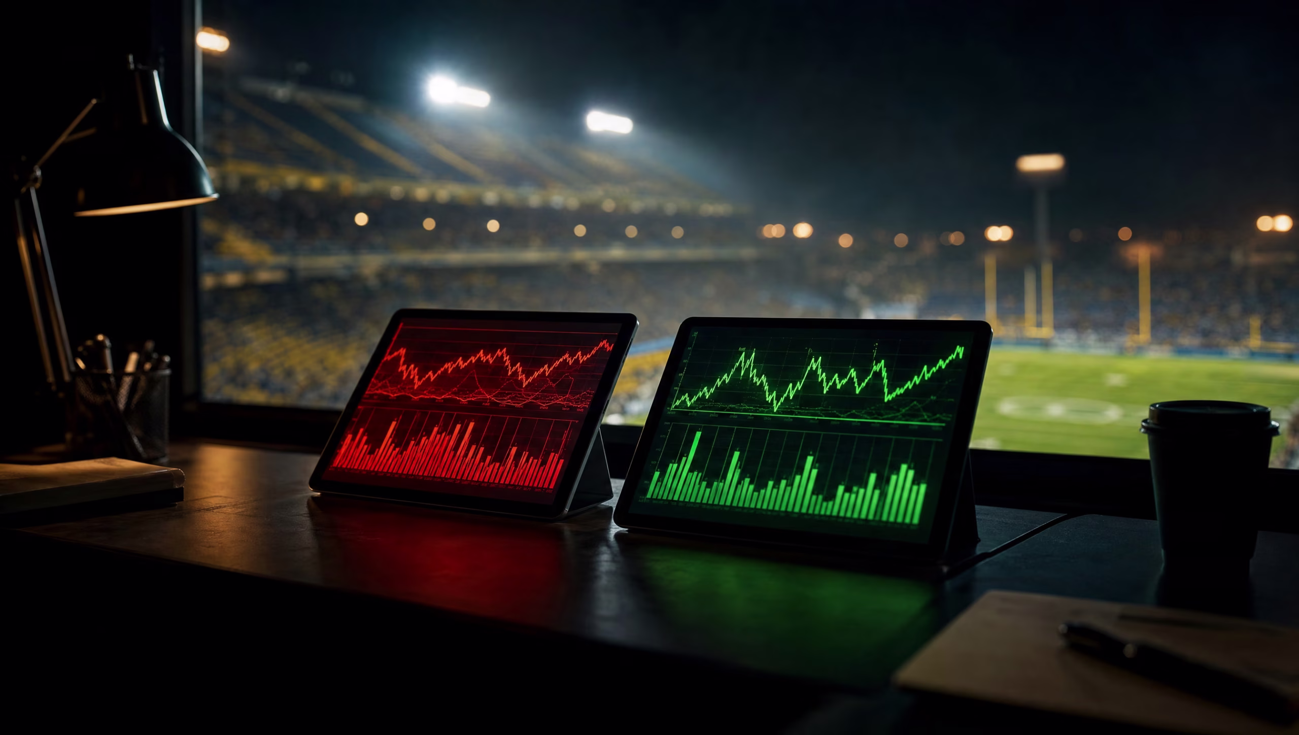 Two tablets showing red and green odds charts on a dark desk overlooking a lit night football stadium