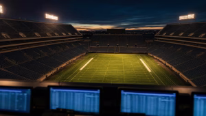 Empty football stadium at dusk from the upper deck, floodlights on the turf and glowing screens along a press-box rail