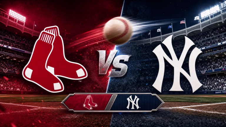 Boston Red Sox and New York Yankees logos on a split matchup graphic under the Yankee Stadium lights