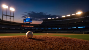 Baseball resting on an empty stadium mound at dusk under floodlights after the Skubal trade