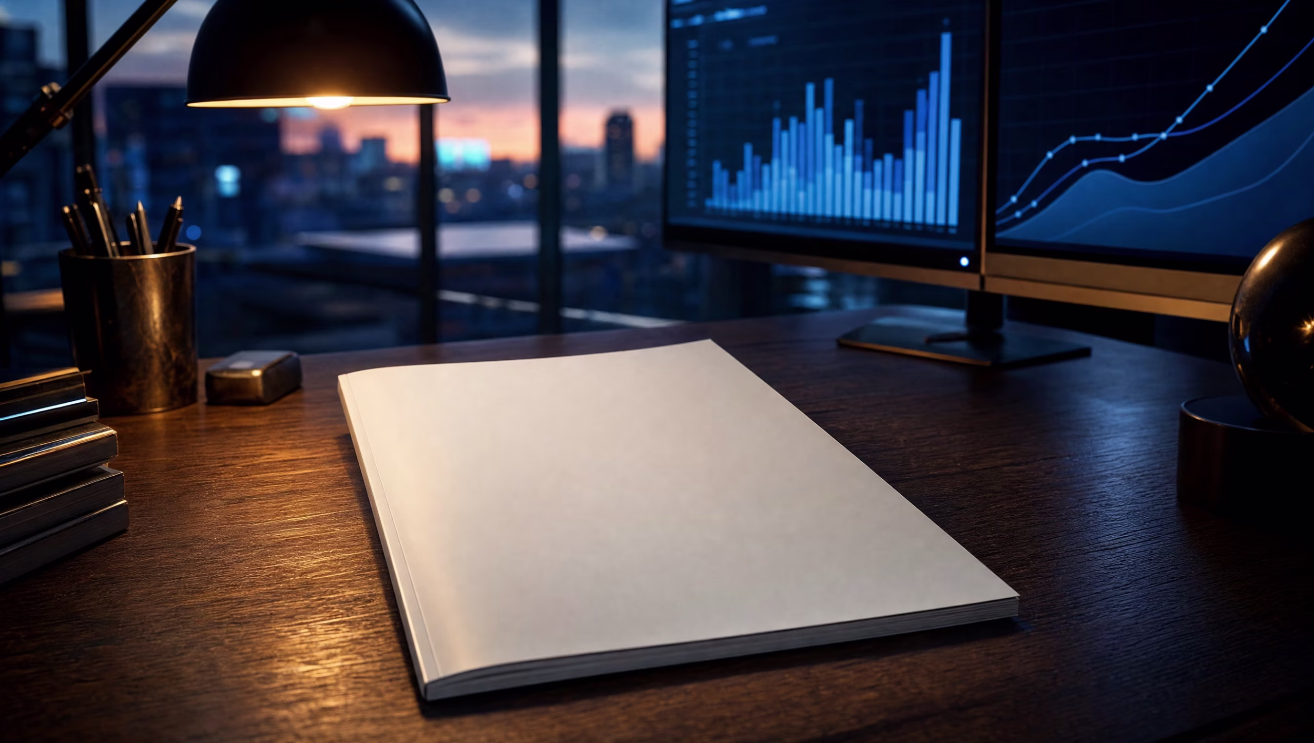 Blank magazine cover on a dark newsroom desk beside monitors showing blue probability charts at dusk