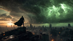 Caped superhero silhouetted on a ruined rooftop as figures hover in a green storm over the city