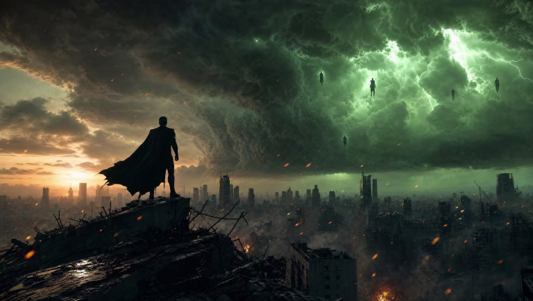 Caped superhero silhouetted on a ruined rooftop as figures hover in a green storm over the city