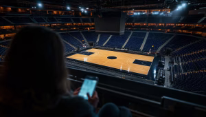 Empty WNBA arena court under dramatic lighting with a fan checking betting odds on a phone