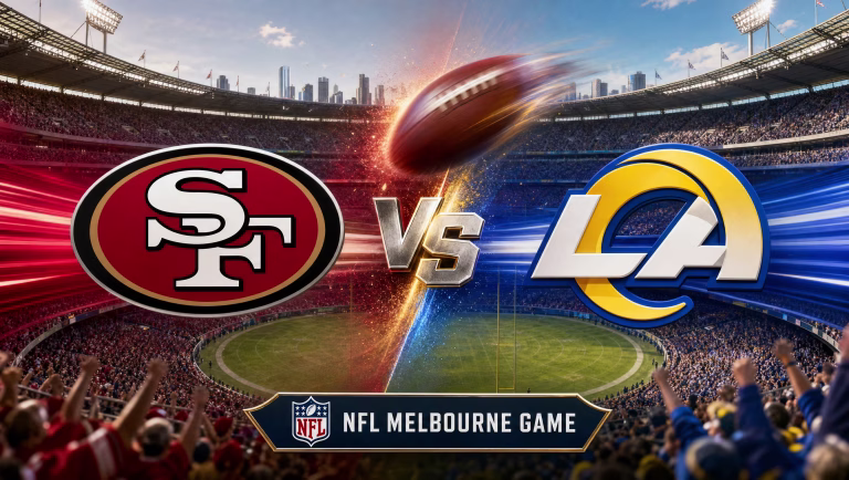 San Francisco 49ers and Los Angeles Rams logos split by a VS graphic over the Melbourne Cricket Ground