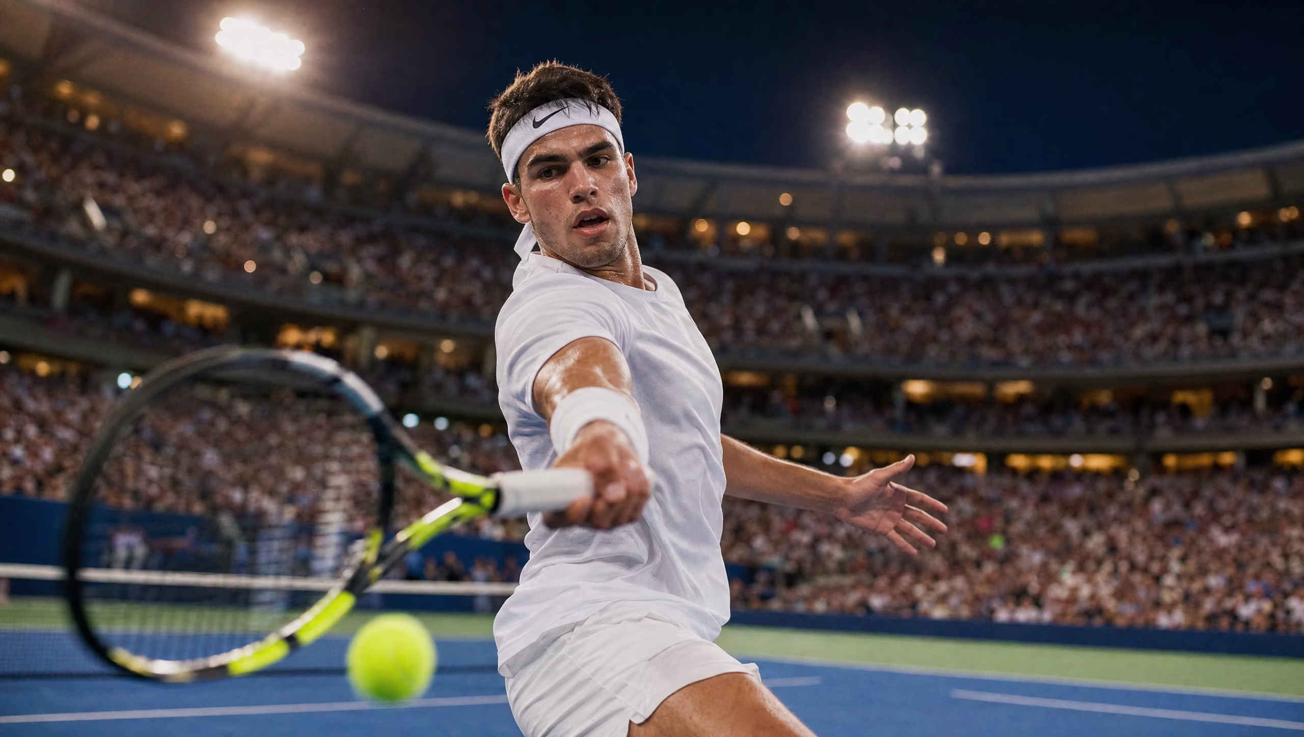 Carlos Alcaraz hits a forehand on a blue hard court during a US Open night session, crowd blurred behind him