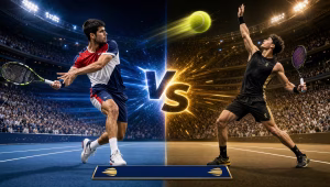 Carlos Alcaraz vs. Ben Shelton US Open quarterfinal matchup graphic with a night-session Arthur Ashe crowd