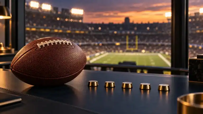 Leather football and five brass markers on a desk overlooking a floodlit stadium at sunset.