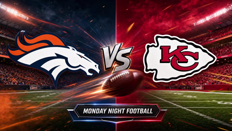 Denver Broncos vs Kansas City Chiefs Monday Night Football matchup graphic.