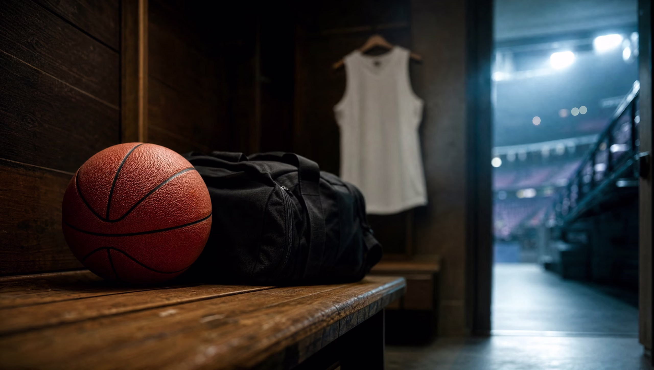 Basketball on a locker-room bench beside a packed duffel bag with an arena tunnel glowing beyond