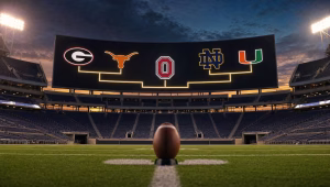 Stadium video board showing Georgia, Texas, Ohio State, Notre Dame and Miami logos linked in a glowing bracket