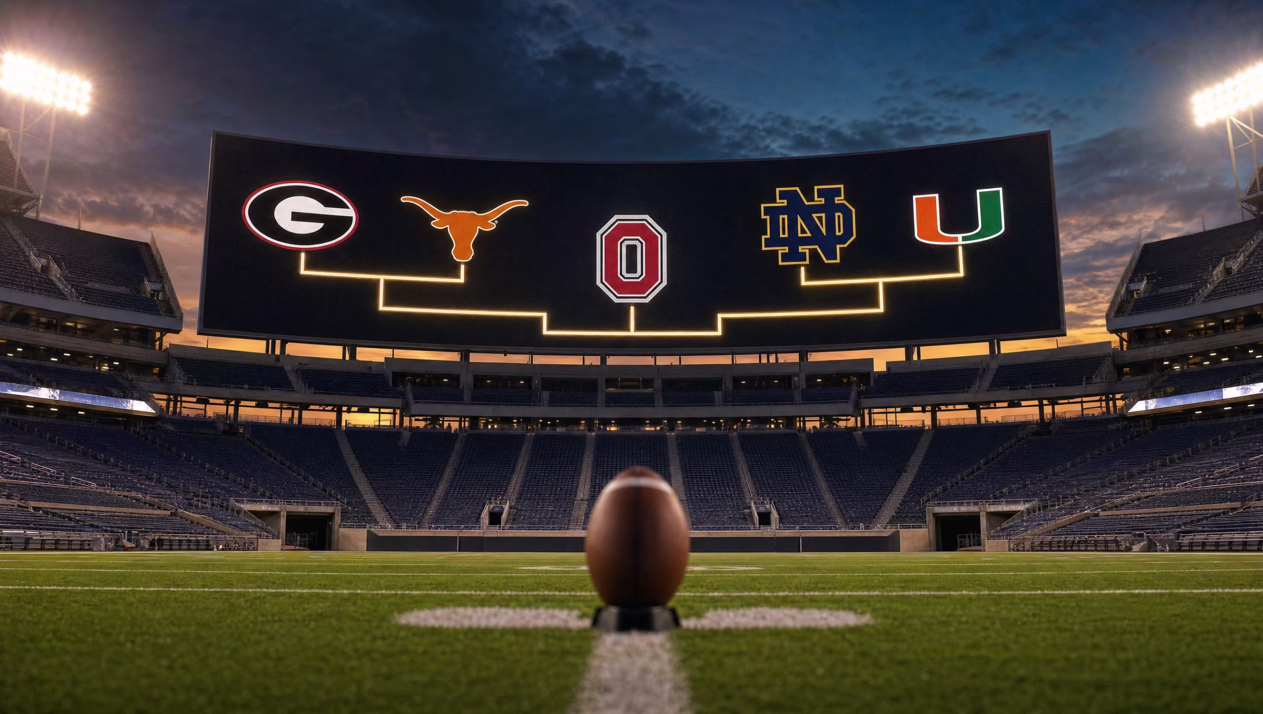 Stadium video board showing Georgia, Texas, Ohio State, Notre Dame and Miami logos linked in a glowing bracket