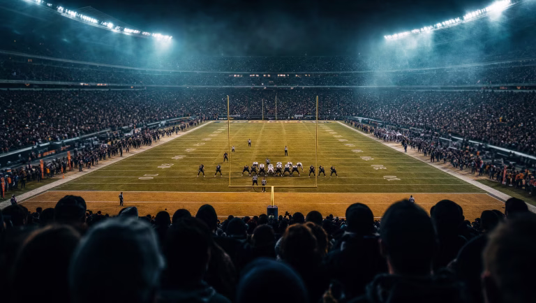Upper-deck view of a floodlit NFL stadium at night with an offense lined up at the goal line and the crowd in silhouette