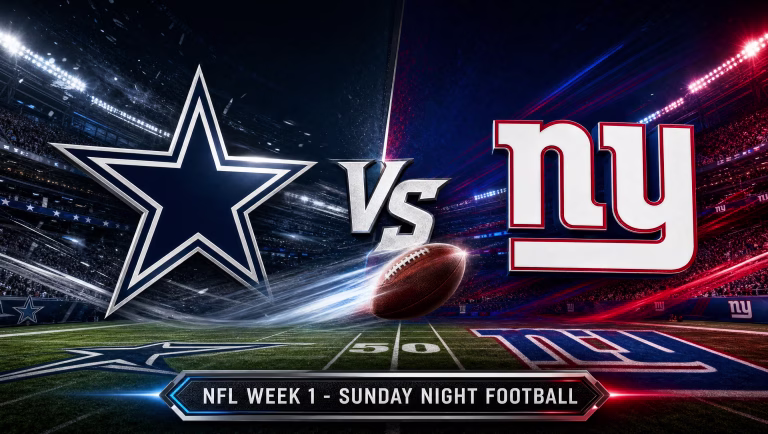 Dallas Cowboys vs. New York Giants Sunday Night Football Week 1 matchup graphic with both team logos