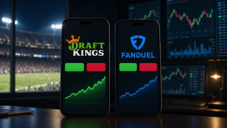 DraftKings and FanDuel logos on two phones showing trading screens, with stock charts and a lit stadium behind them