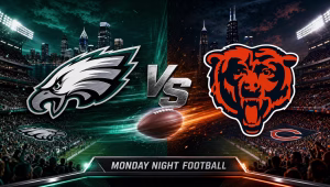 Eagles vs. Bears matchup graphic with both team logos split by a VS and a Monday Night Football banner