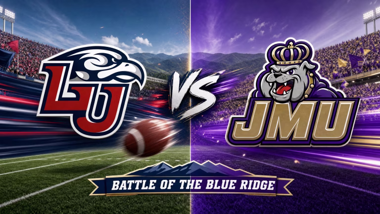 Liberty Flames vs. James Madison Dukes matchup graphic for the Battle of the Blue Ridge