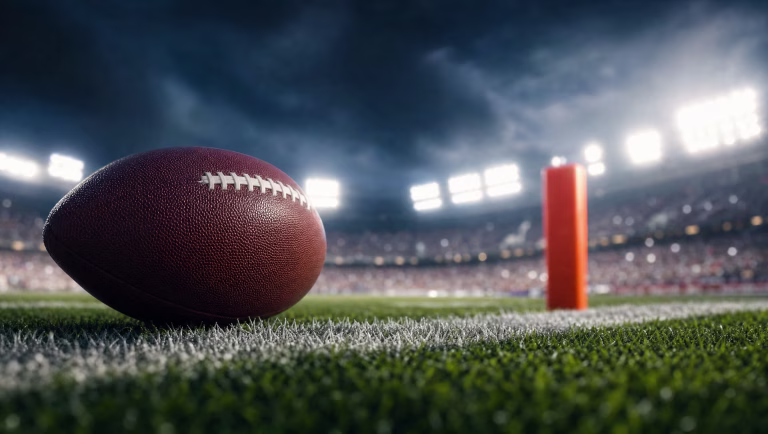 Football resting on the goal line beside an orange end zone pylon under stadium lights at night