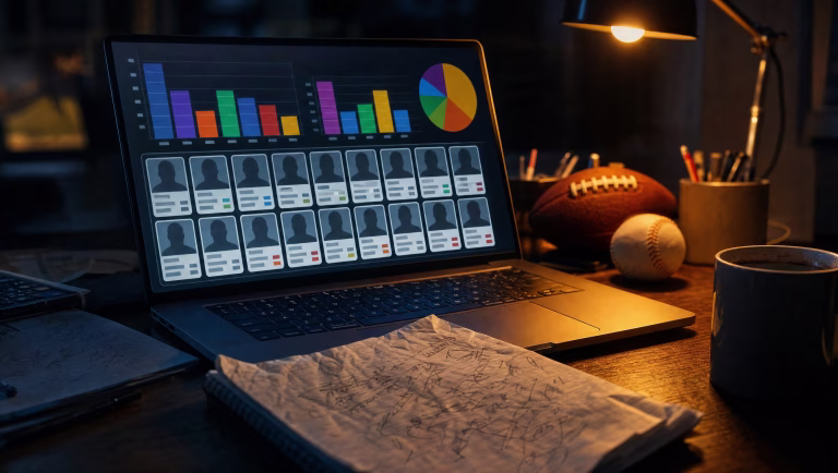 Laptop showing colorful bar charts and a grid of player cards beside a football, a baseball and a notepad at night
