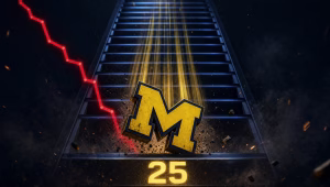 Maize and blue block M tumbling down a dark ranking ladder past a glowing number 25, red chart line plunging