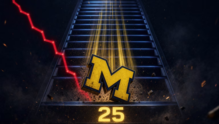 Maize and blue block M tumbling down a dark ranking ladder past a glowing number 25, red chart line plunging