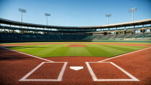 Sunlit empty home plate and infield dirt at a ballpark on a clear late-summer afternoon